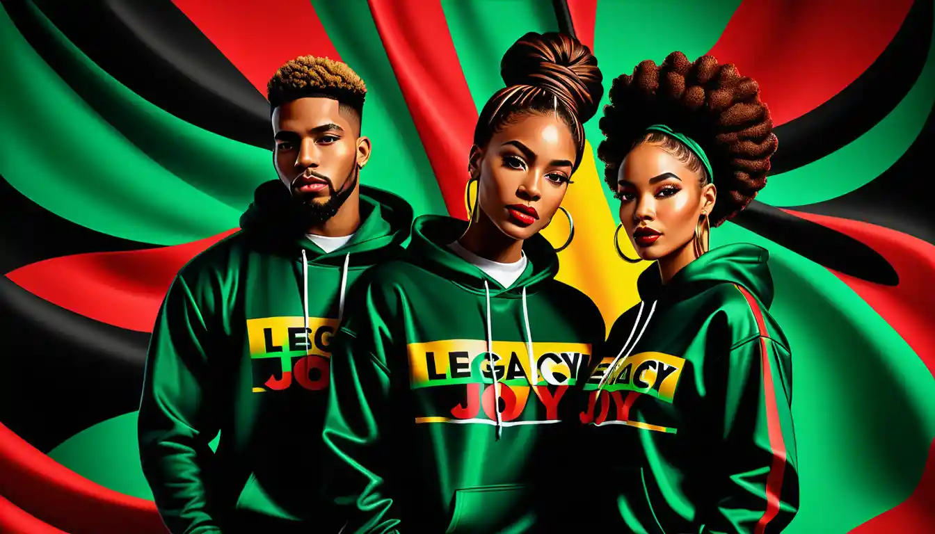 Casal fashion do Juneteenth com texto ousado sobre um legado de força