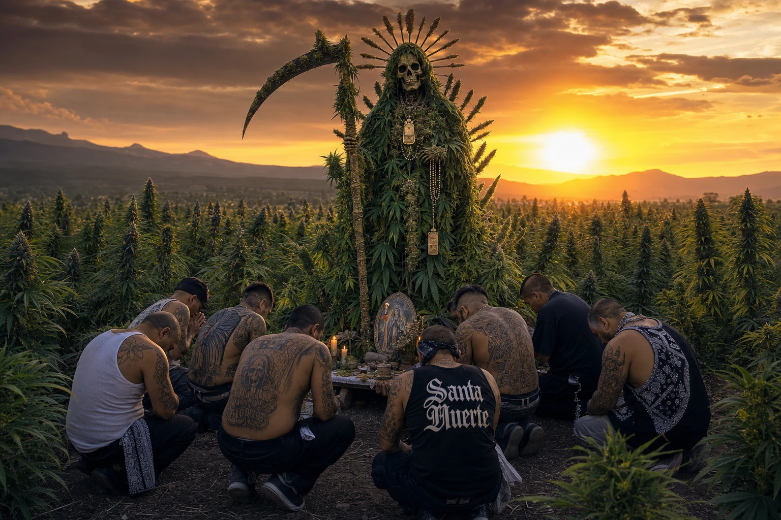 Figura fantástica de Santa Muerte em um campo de cannabis