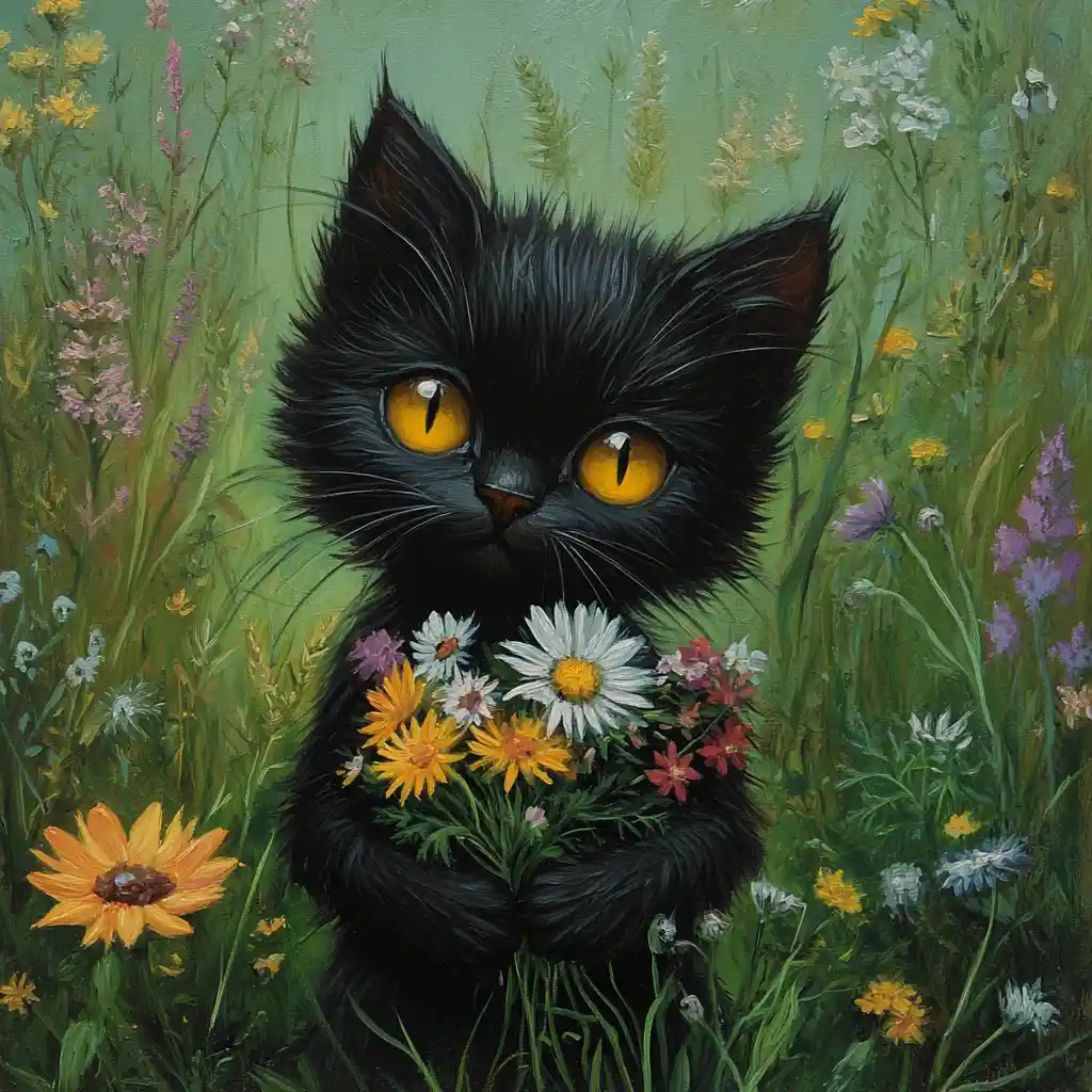 Black cat holding wildflowers in a green meadow painting