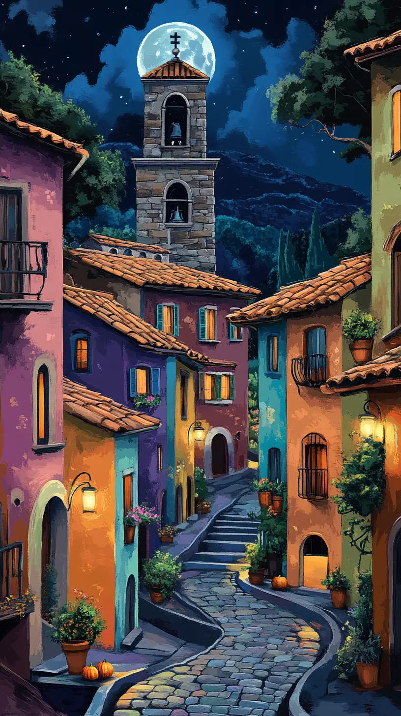 Colorful European village street at night with bell tower