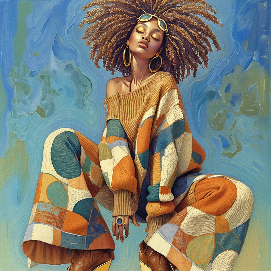 Giovane donna con afro naturale in outfit patchwork