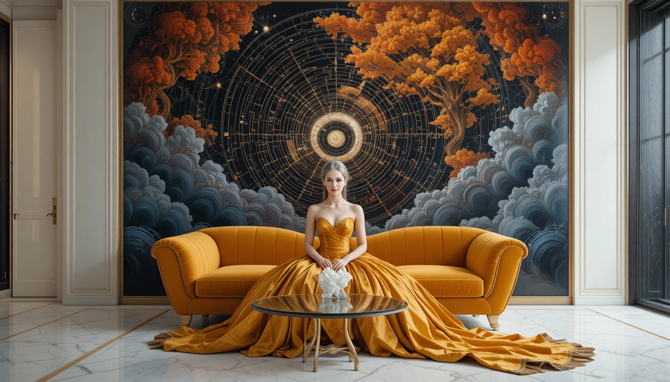 Sofá barroco futurista diante de pintura surreal de paisagem cósmica