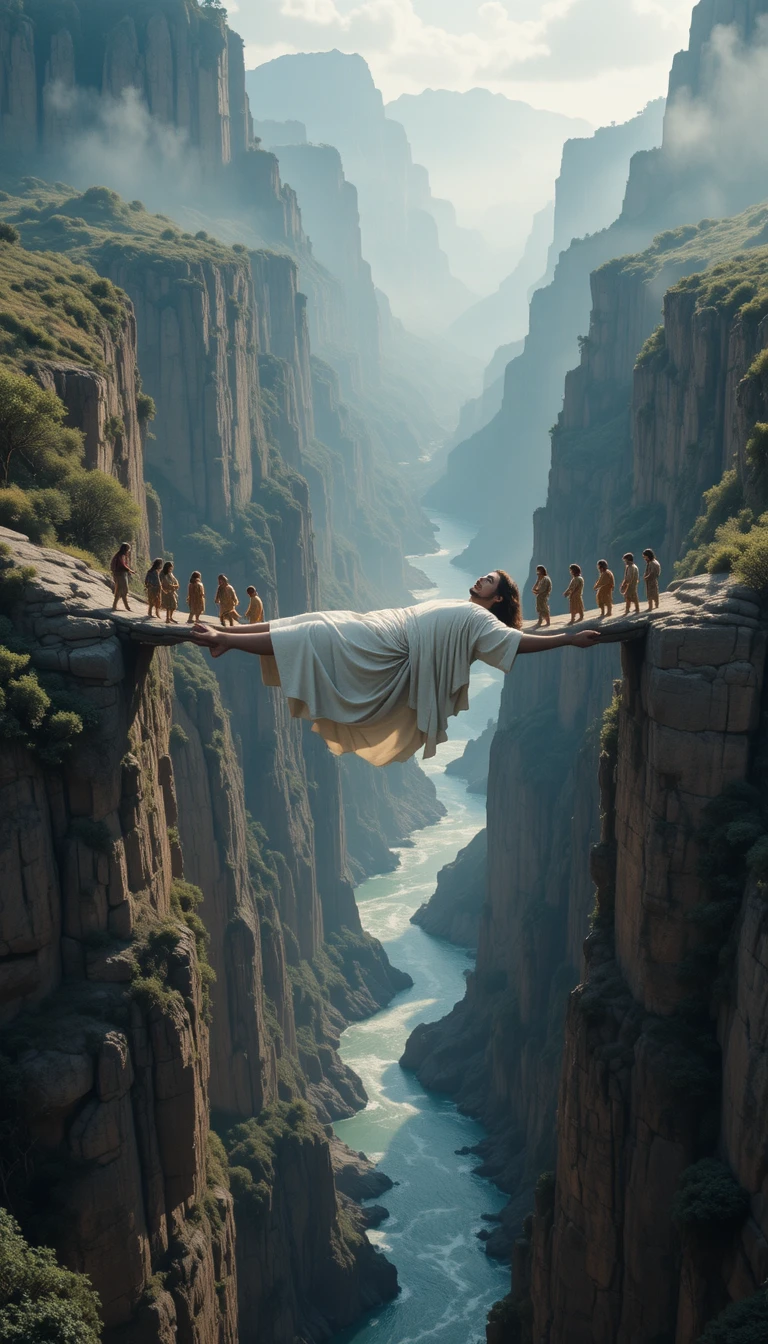 Jesus formando uma ponte humana sobre um desfiladeiro tranquilo