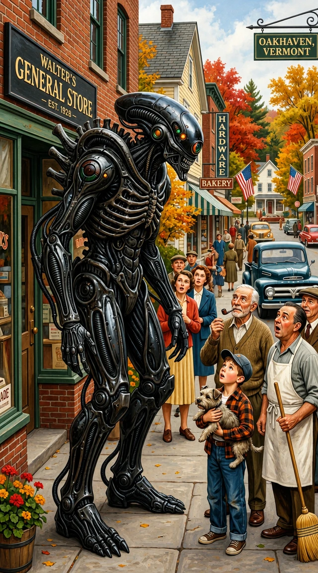 Mecha EVA biomecánico en una vibrante escena de ciudad fantástica