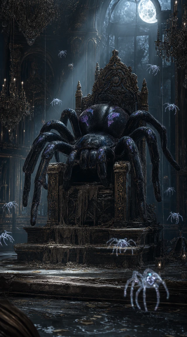 Tarántula majestuosa en un trono gótico en un salón de baile iluminado por la luna