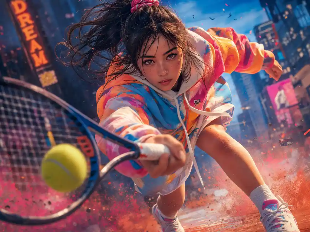 Dynamic close up of a female tennis player in city streets