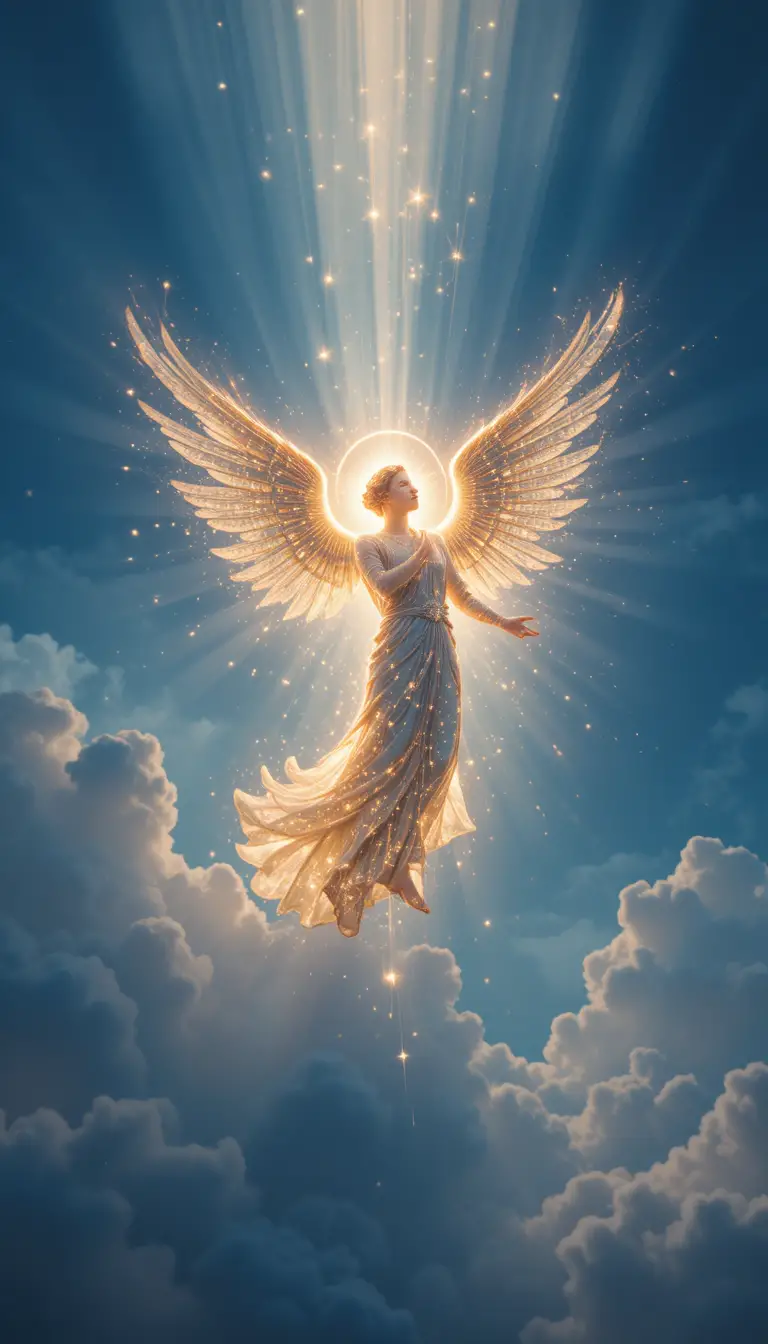 Majestic angel of light in a deep blue celestial sky
