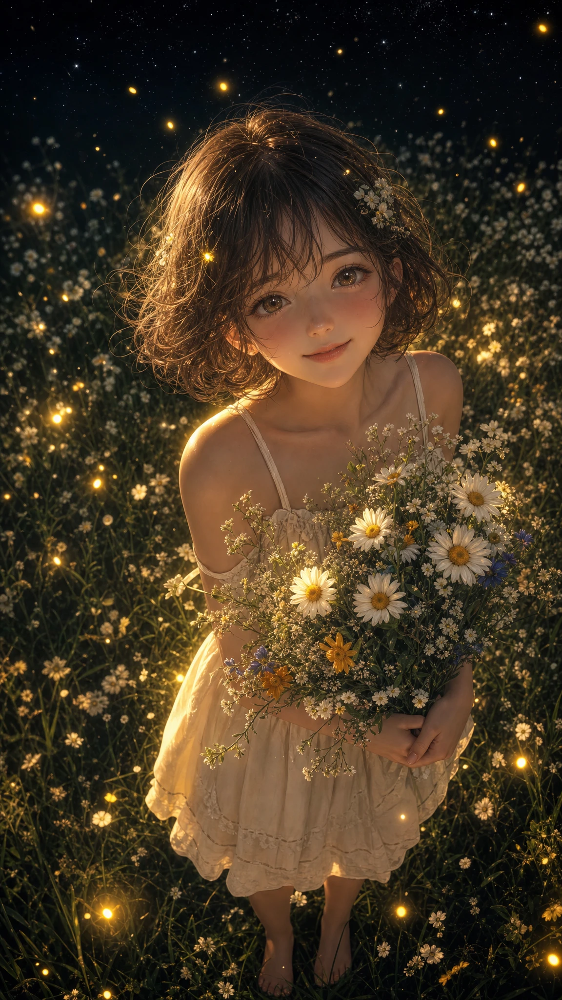 Ragazza anime che tiene in mano fiori di campo in un prato notturno luminoso