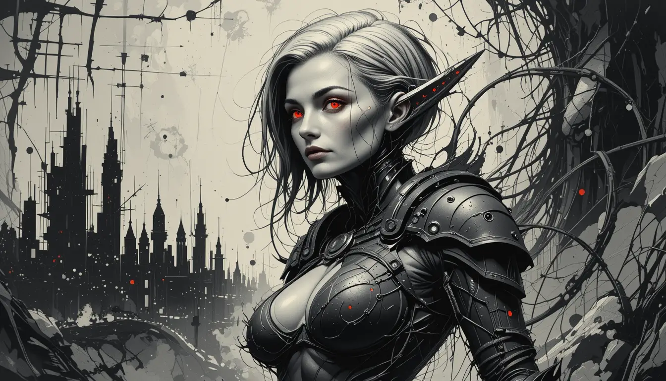 Alien Warrior Woman In Armored Gear Before Abstract City