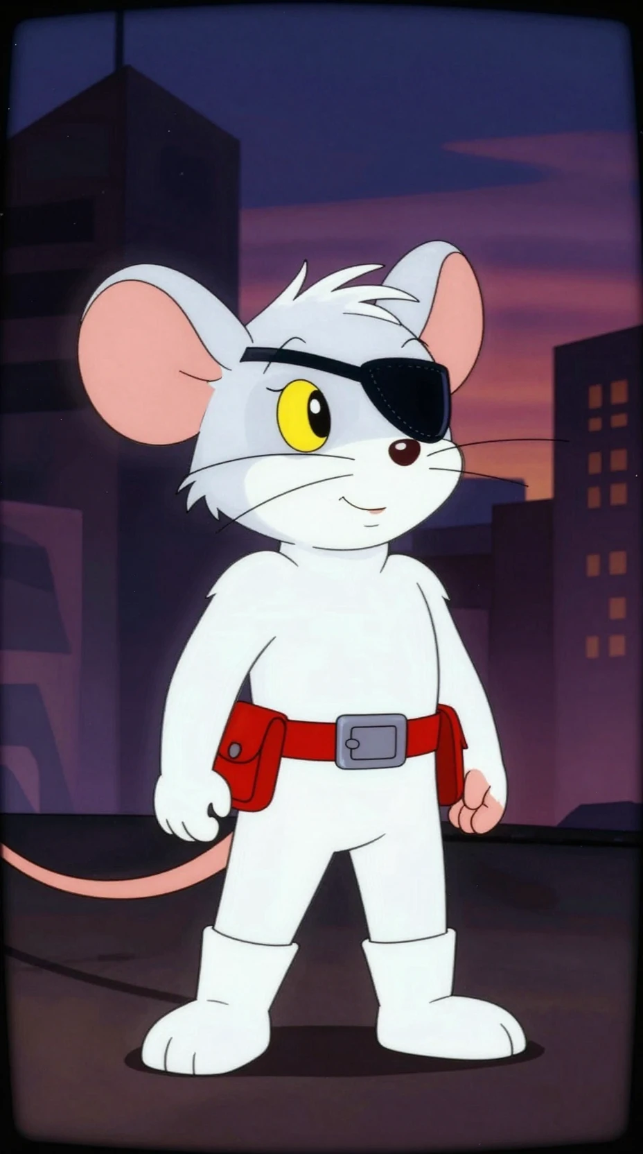 Rato heróico em desenho animado de terno branco com cidade ao fundo