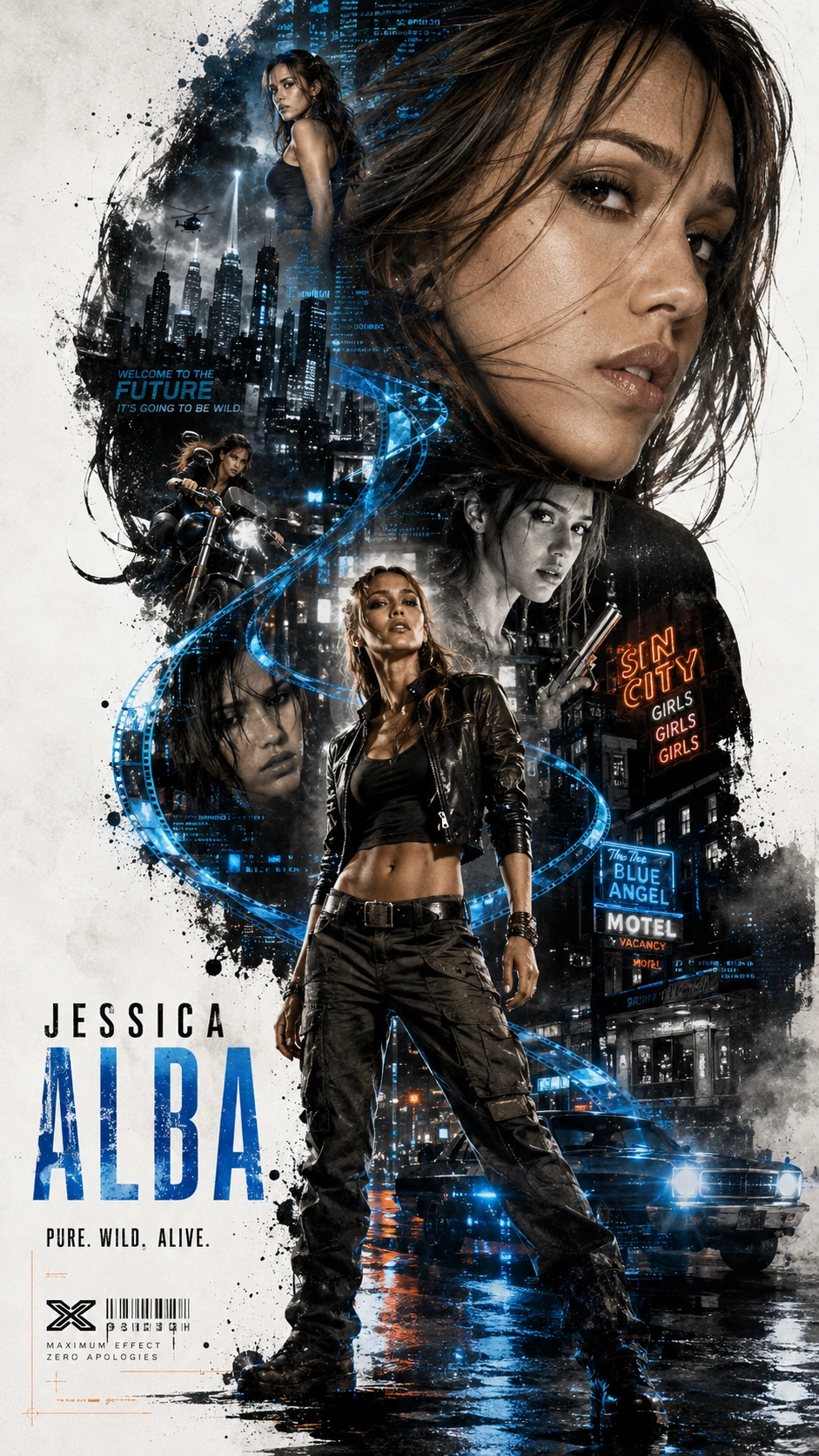 Rebellisches Jessica-Alba-Poster mit Double-Exposure-Stadtcollage