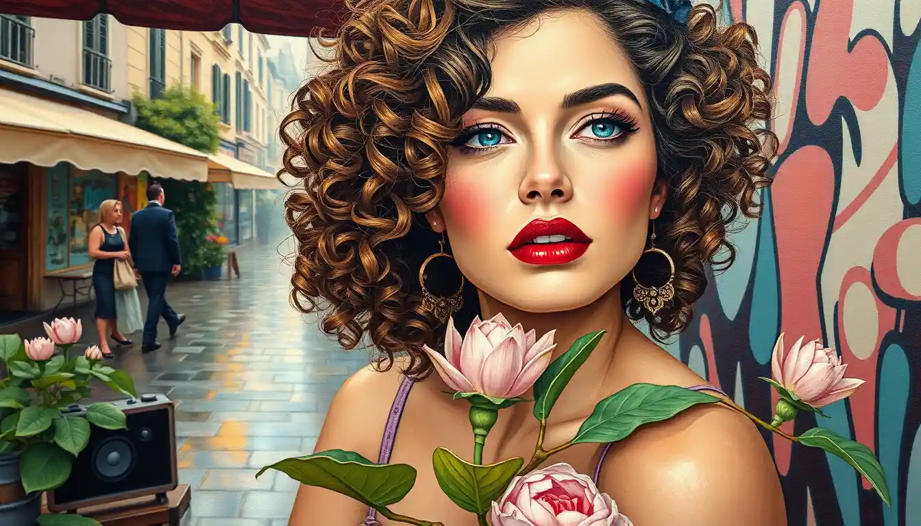 Ritratto cubista impressionista di una donna glamour in un giardino