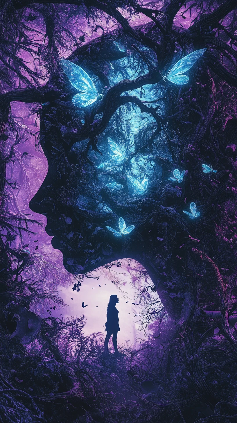 Enxame de fadas bioluminescentes formando a silhueta do perfil de uma mulher