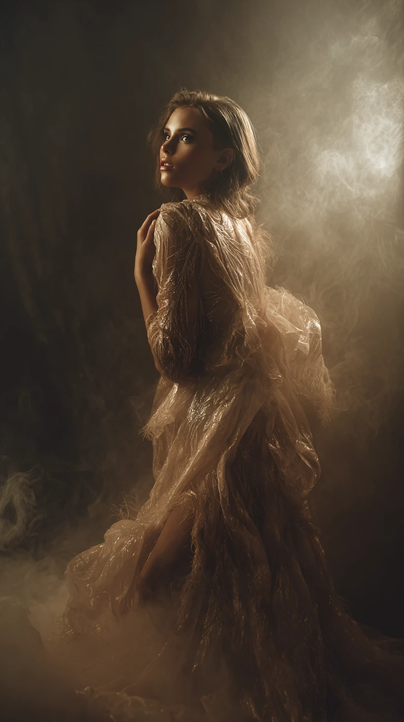 Mulher elegante posando em um estúdio de moda com iluminação suave