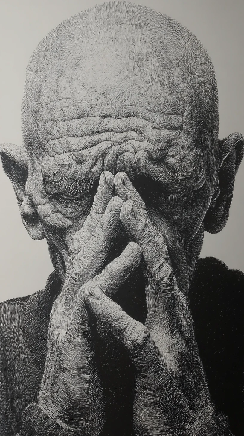 Portrait au crayon hyperréaliste d’un vieil homme en prière