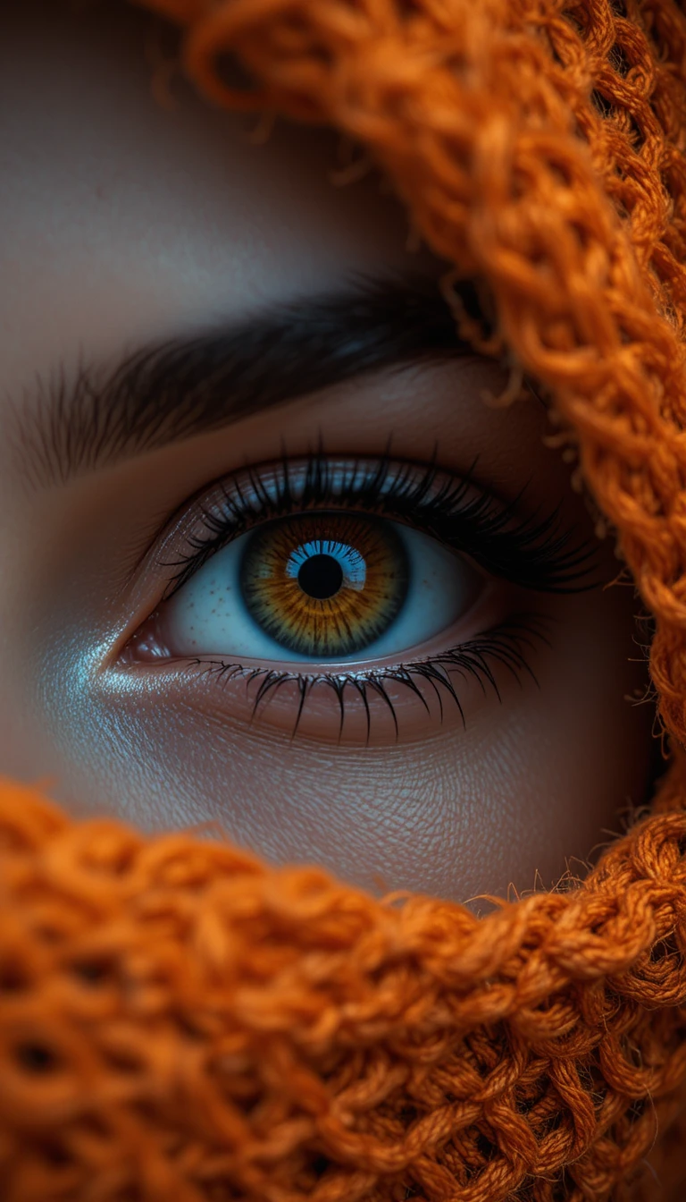 Primerísimo plano de un ojo marrón dorado entre tejido naranja