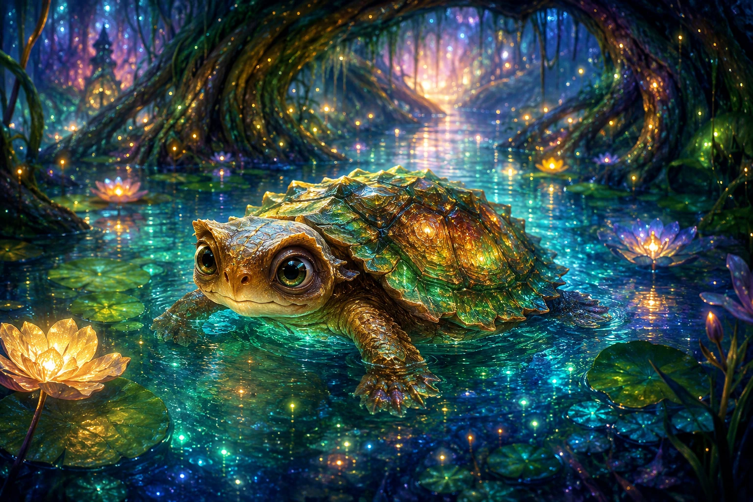 Leuchtendes Baby-Schildkrötchen in einem magischen Sumpfbecken