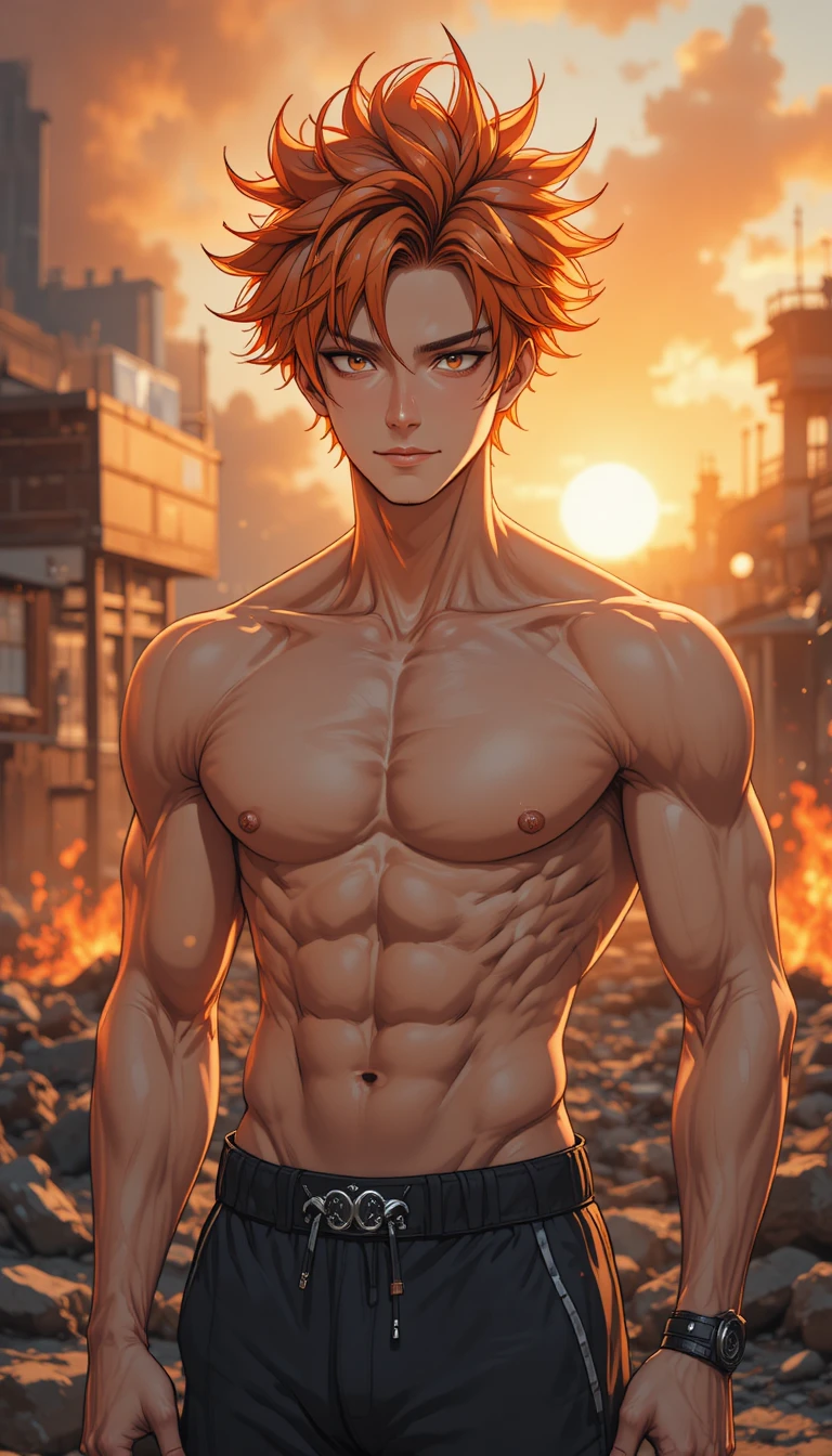 Homem de anime musculoso e confiante ao pôr do sol ao ar livre