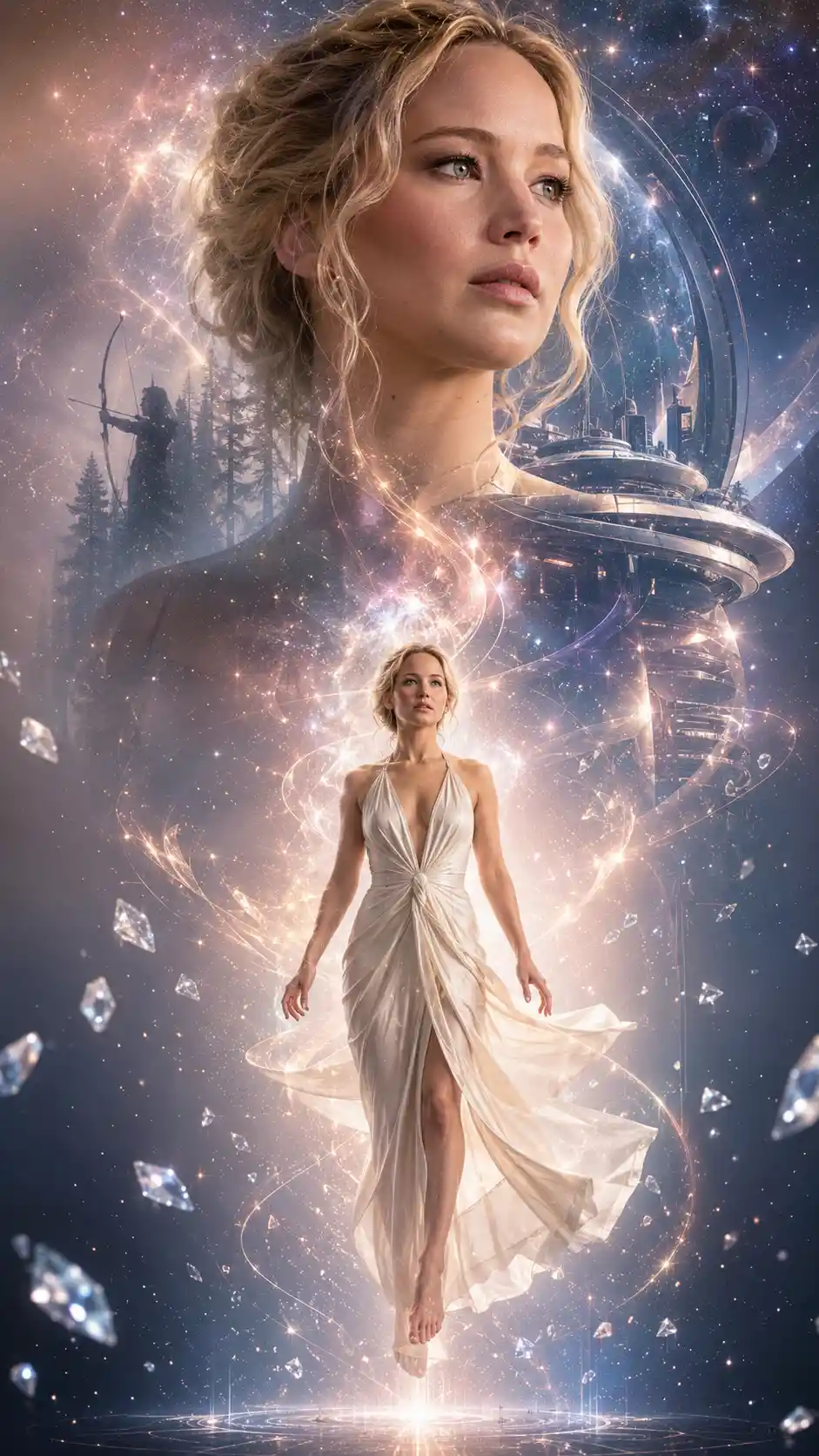 Elegante donna in abito fluente incorniciata da una silhouette cosmica