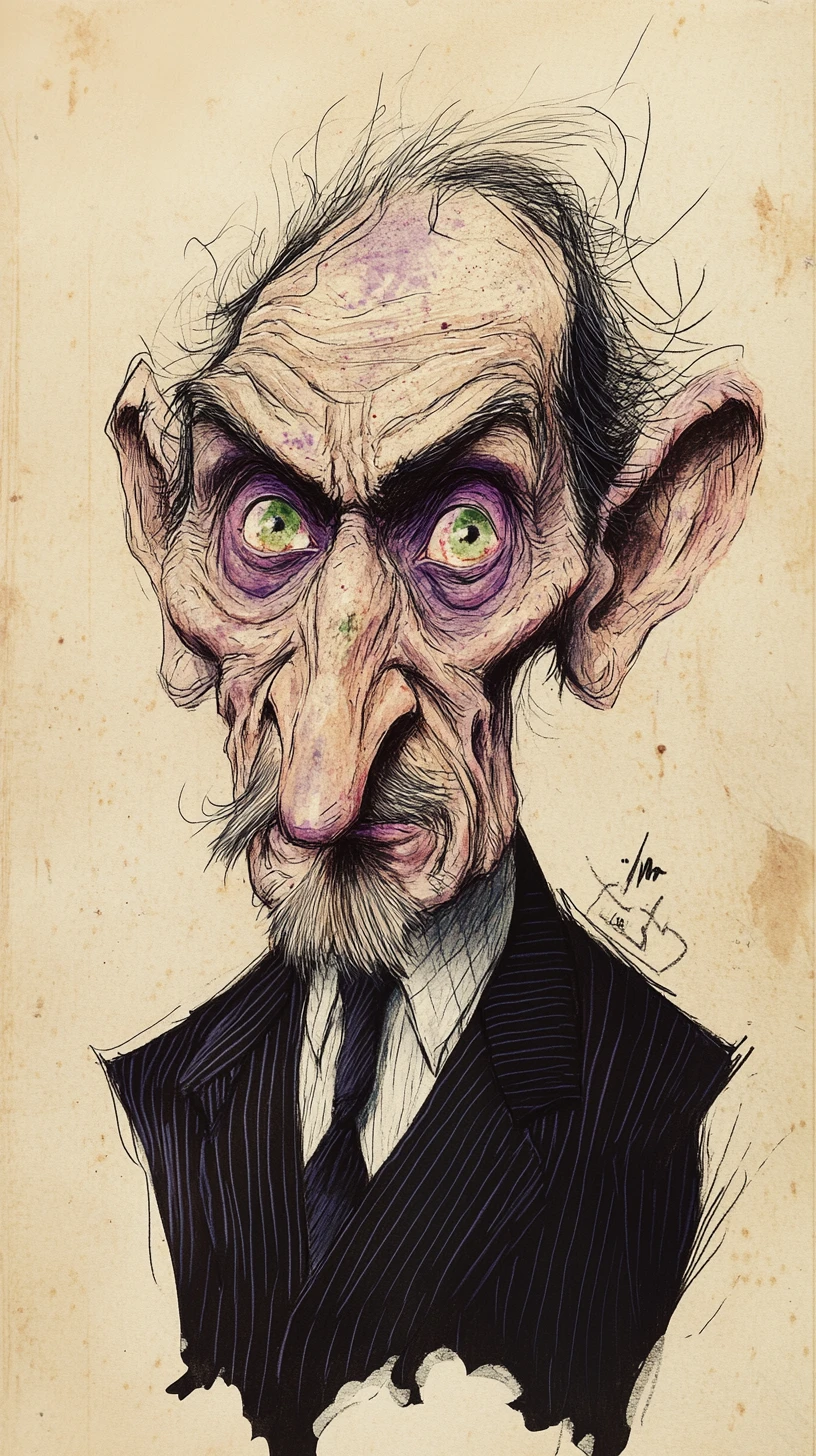 Portrait caricatural d’un vieil homme émacié à l’encre