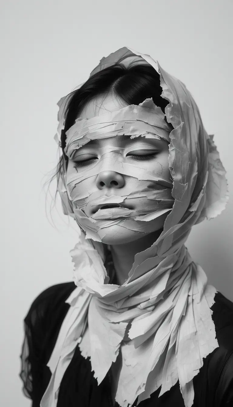 Moody black and white close up of a girl wrapped in paper
