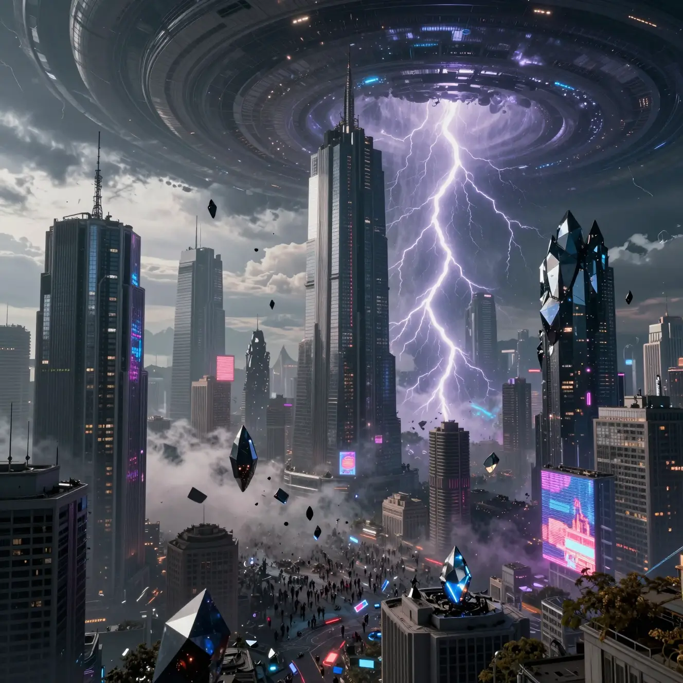 Futuristic megacity warping as reality collapses into chaos