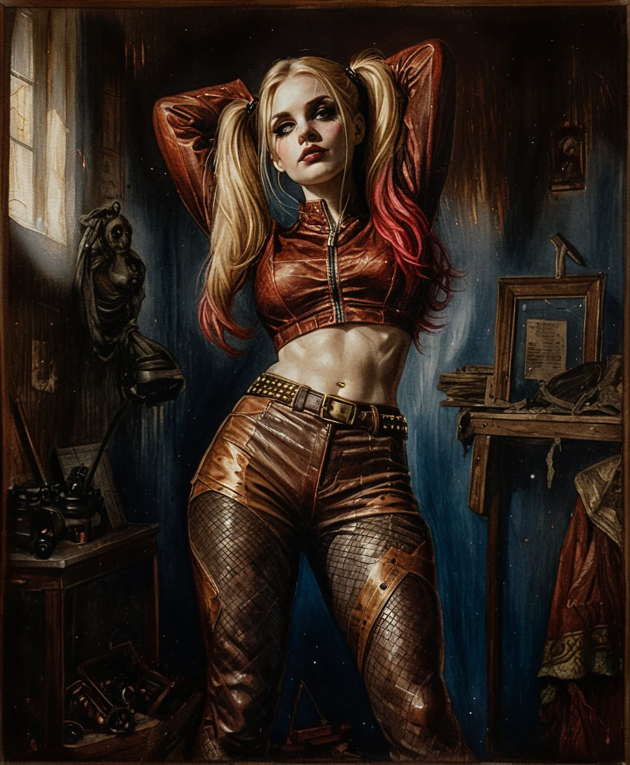 Mulher gótica de couro posando sob dramática luz azul de luar