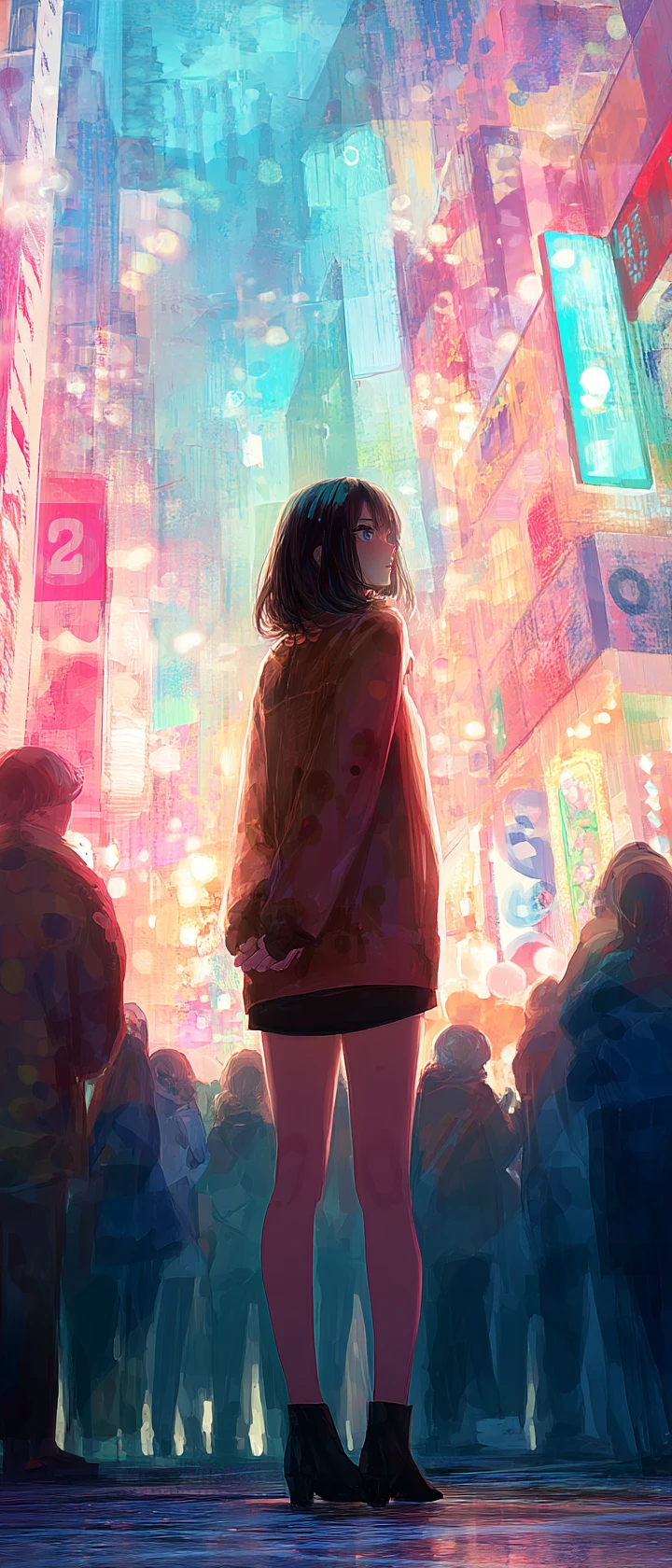 Garota de anime absorvendo alegria na praça de uma cidade neon