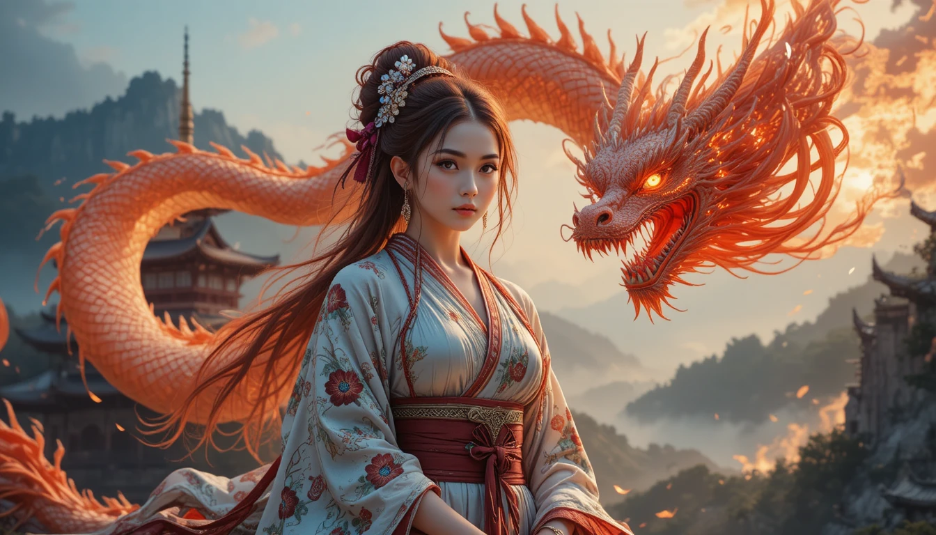 Asiatische Frau im zerrissenen Kimono mit Feuerdrachen am Tempel
