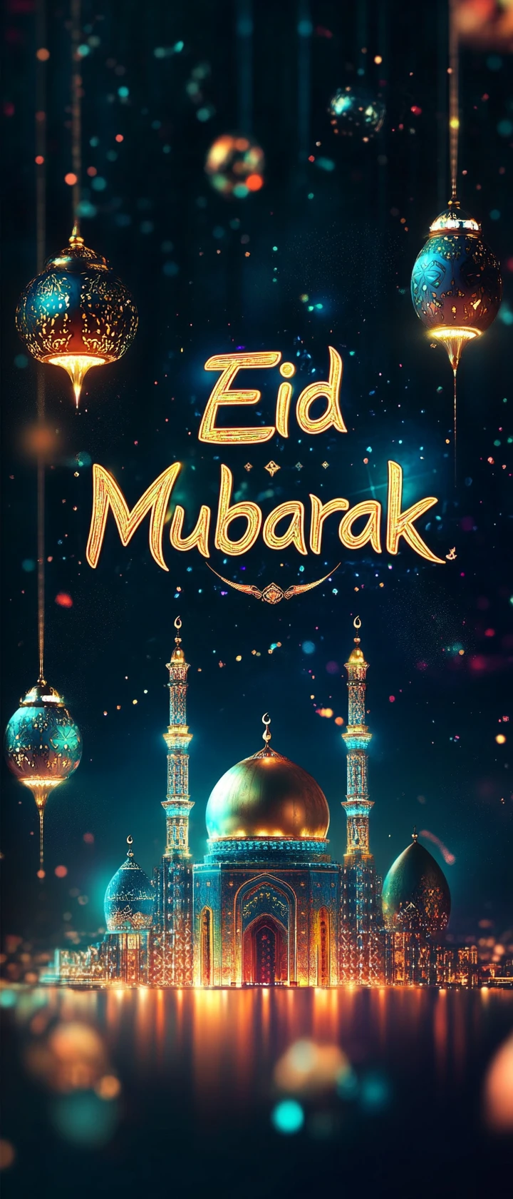 Calligrafia futuristica al neon Eid Mubarak sopra una moschea moderna