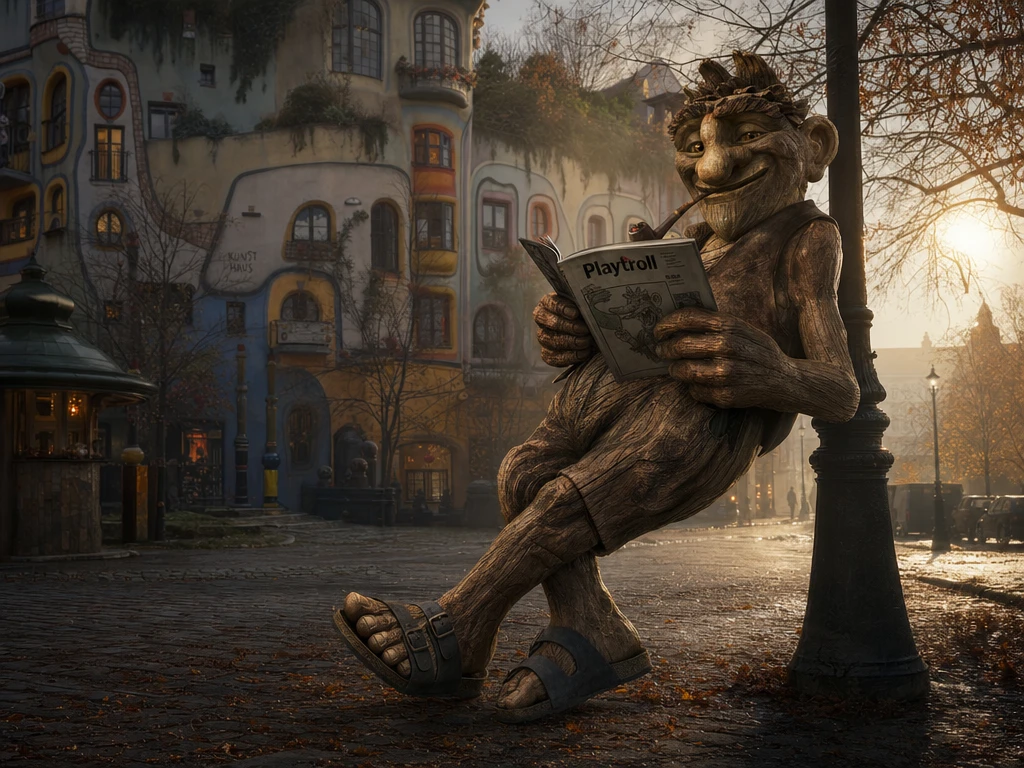 Troll de madeira encostado a um poste de luz em rua urbana enevoada