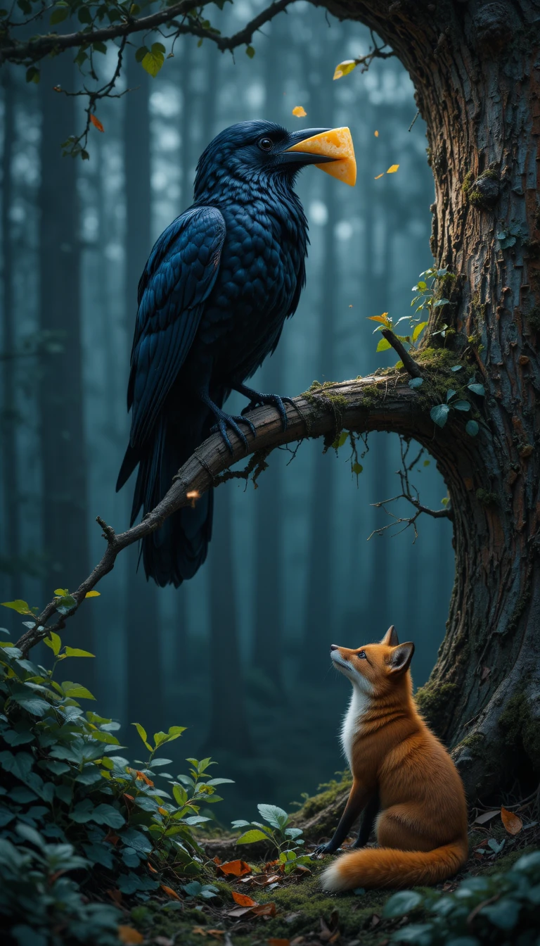Corvo com queijo observado por raposa na floresta escura