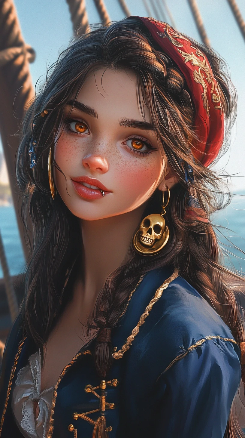 Mulher pirata de fantasia confiante em um convés sobre o mar calmo