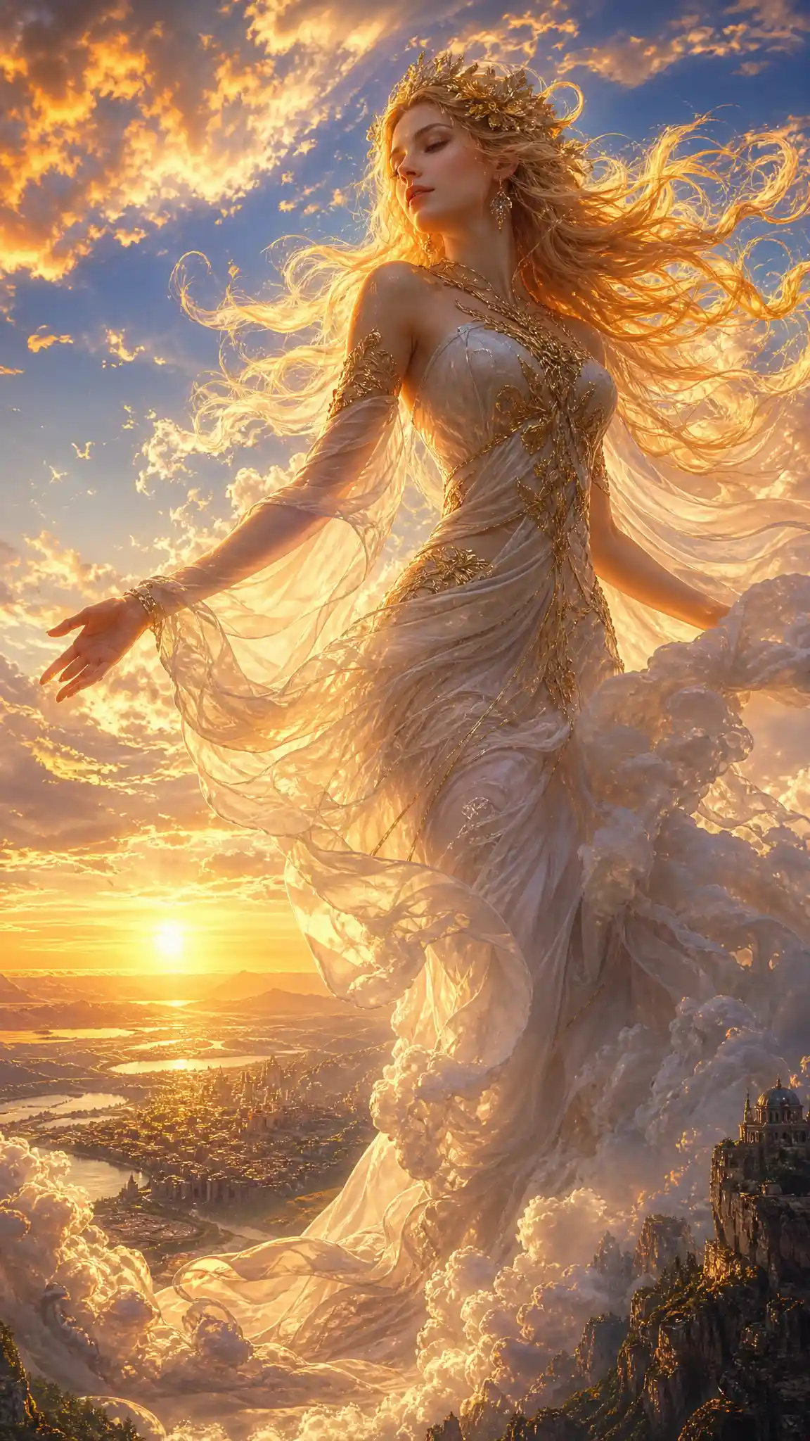 Ethereal golden haired woman floating above glowing clouds