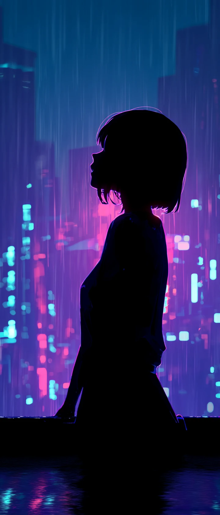 心碎的動漫女孩擁抱逐漸消逝的霓虹身影