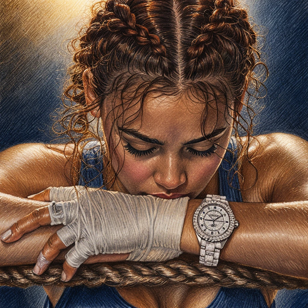 Exhausted woman boxer resting on crossed wrapped forearms