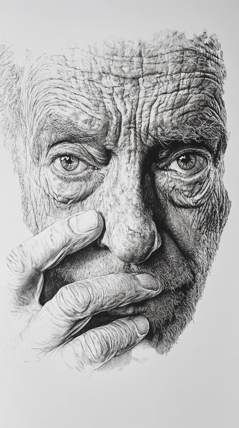 Gros plan au crayon d’un vieil homme priant en profonde contemplation