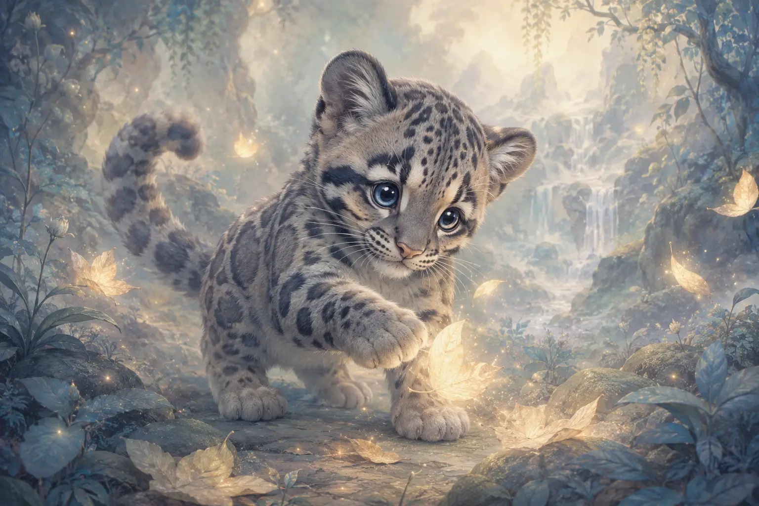 Dolce cucciolo di leopardo nebuloso che gioca con foglie luminose nella foresta