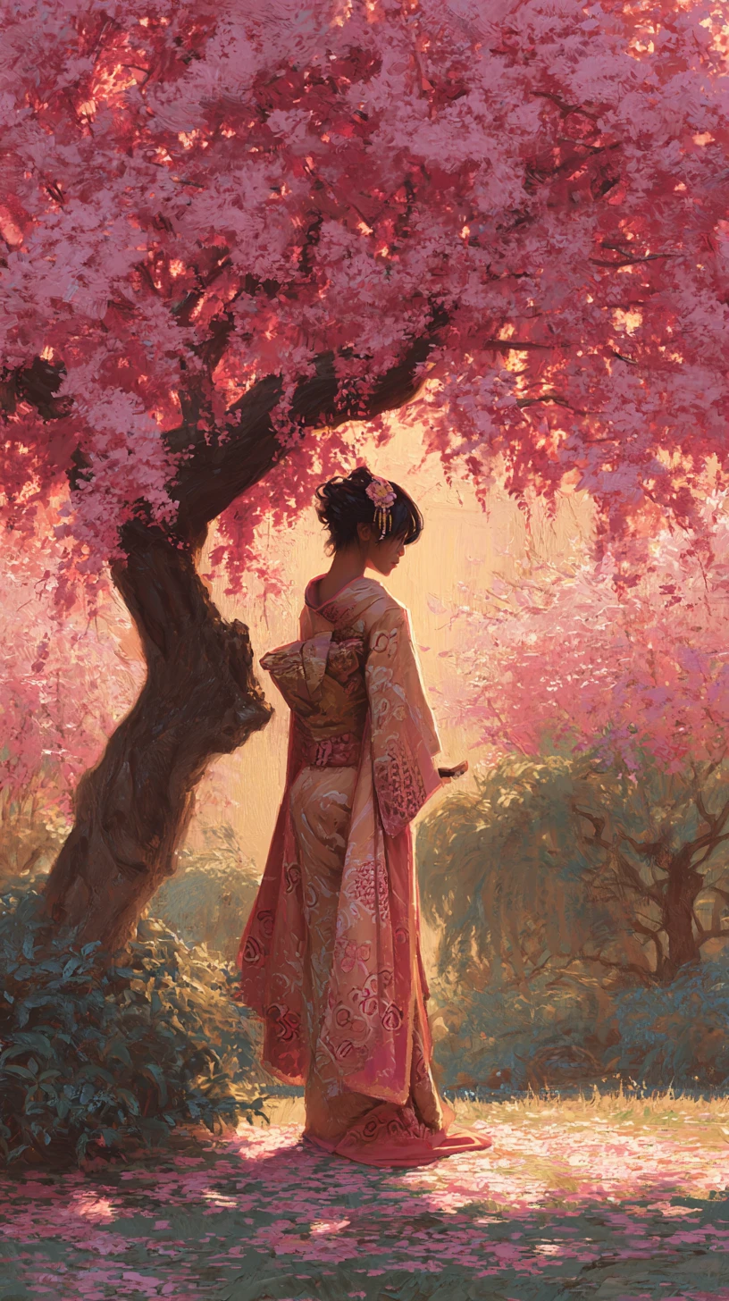 Asian girl in kimono beneath blooming cherry blossoms