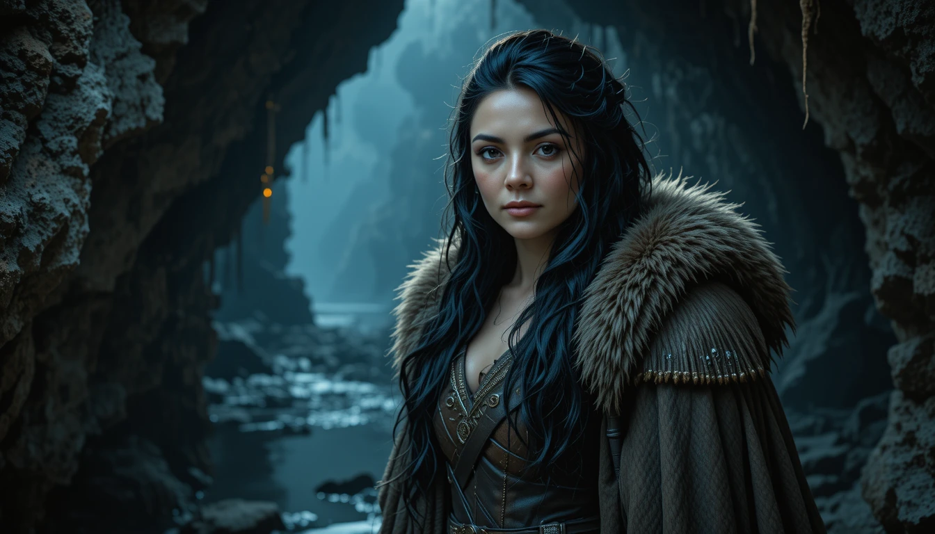 Fierce warrior maiden standing in a shadowy cave