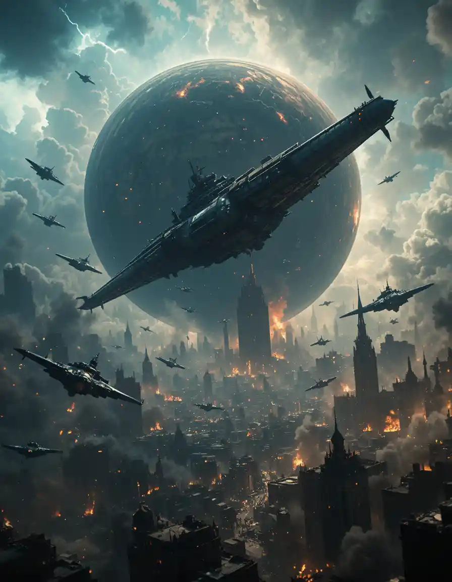 Colossal warships bombard a besieged planet from orbit