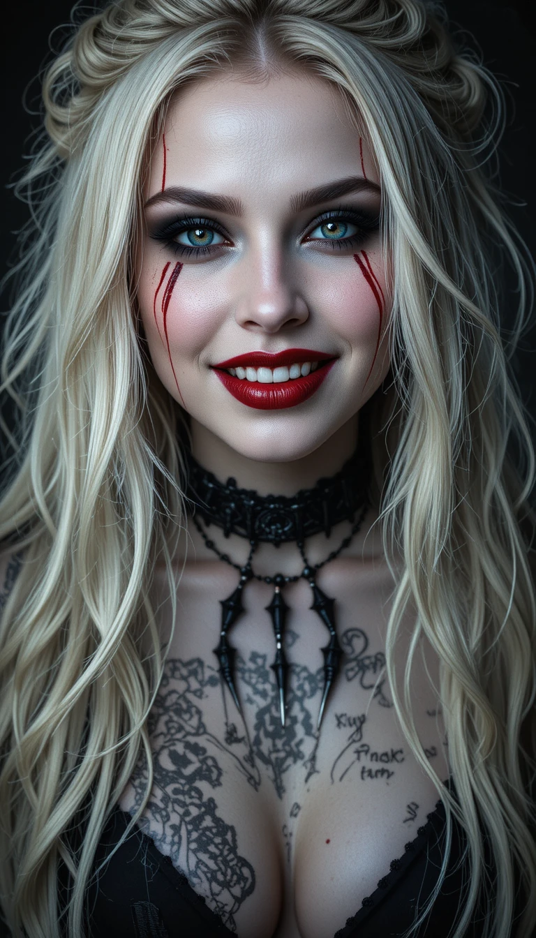 Mulher gótica com cabelo loiro selvagem e maquiagem vermelho sangue