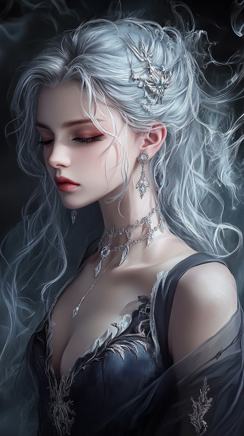 Silver haired fantasy woman in misty ethereal portrait