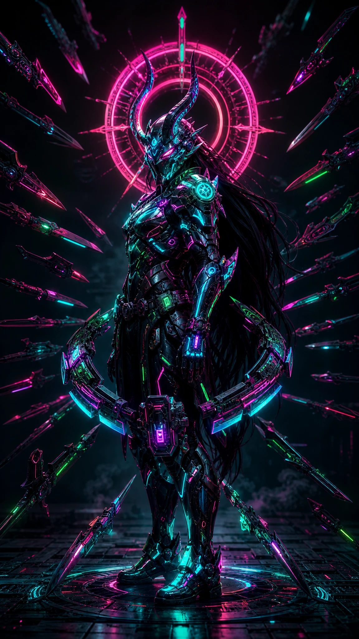 Guerrier démoniaque en armure cyberpunk entouré de lames flottantes