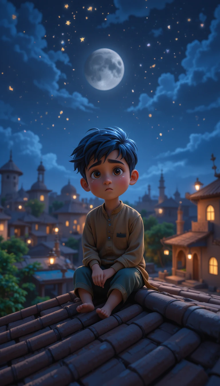Sad boy sitting on a rooftop during eid night