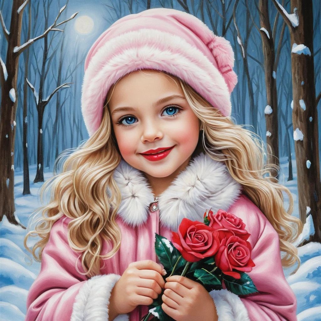 Bambina bionda sorridente con berretto invernale rosa che tiene in mano delle rose