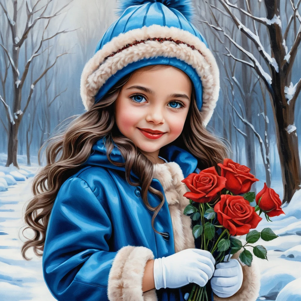 Menina sorridente de inverno com rosas e cabelo castanho cacheado