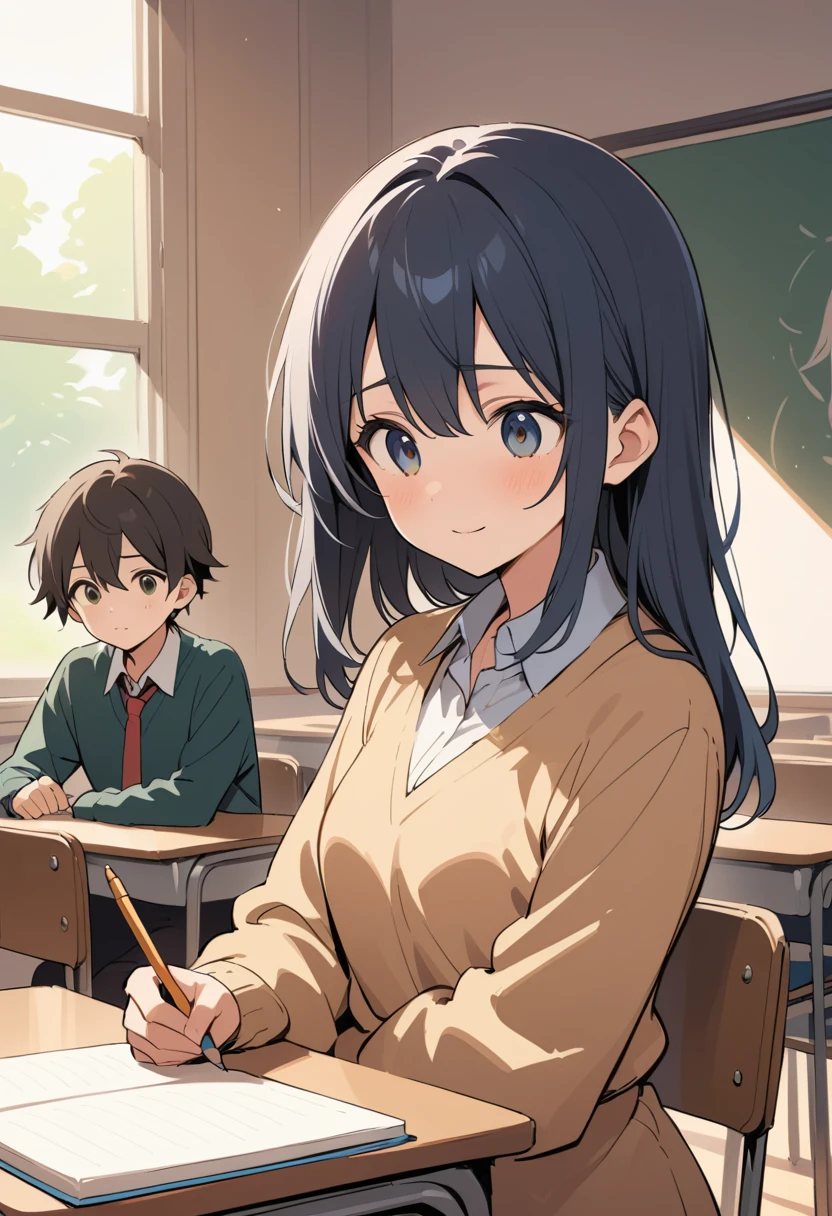 Teacher quietly discovering a students crayon portrait in class