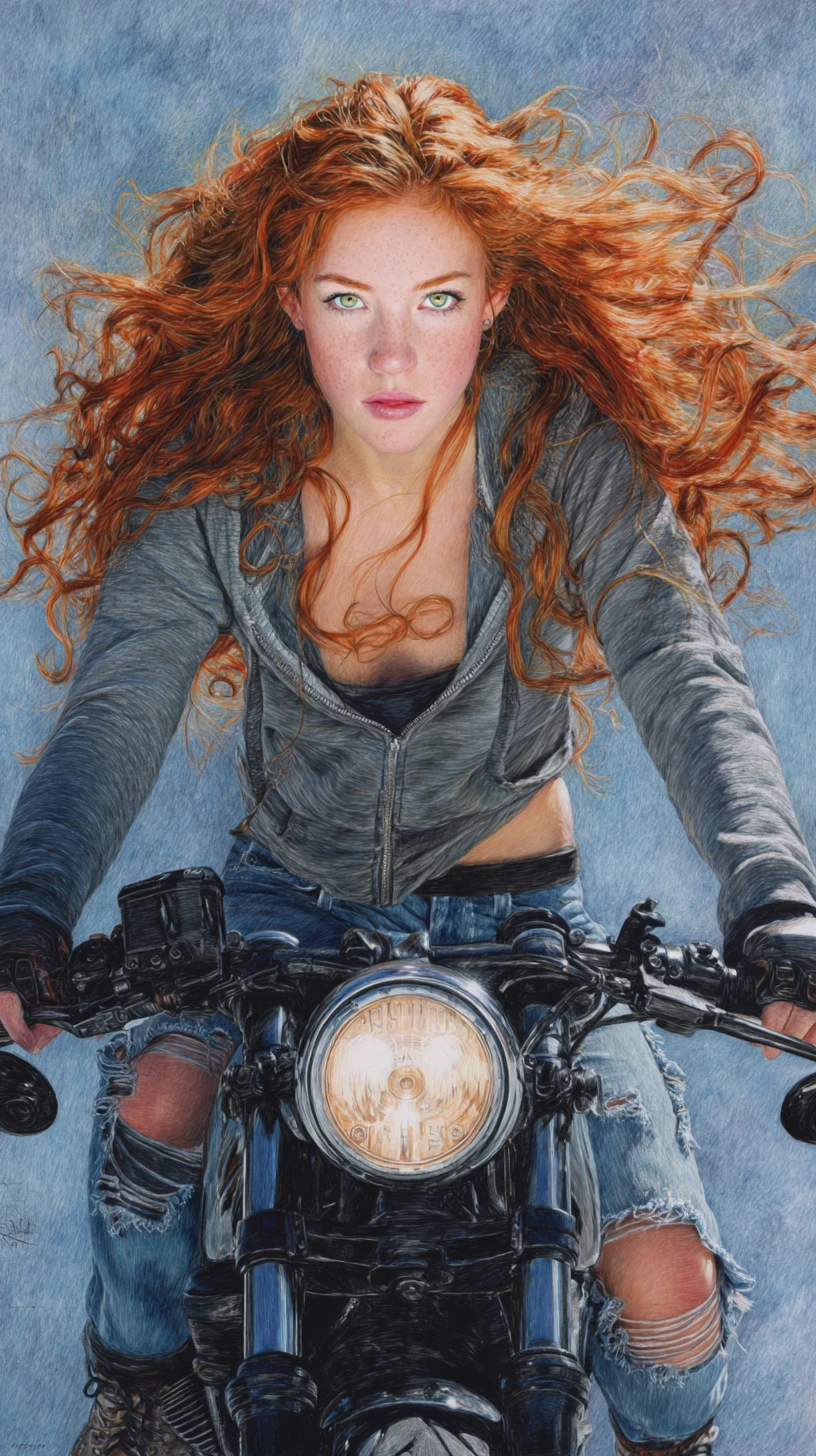 Mulher ruiva em motocicleta em desenho a lápis de cor