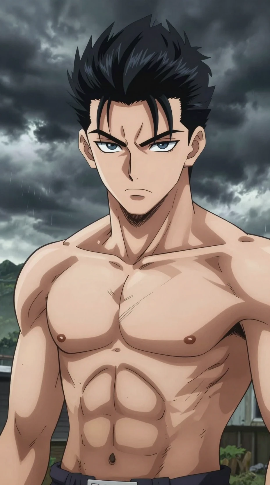 Homme musclé façon anime sous un ciel orageux et dramatique